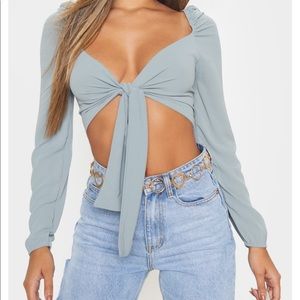 turquoise pebble crepe puff long sleeve tie top